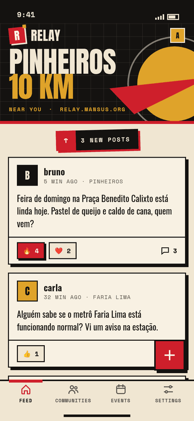 The Relay feed in the Expo app mockup, headed Pinheiros 10 km